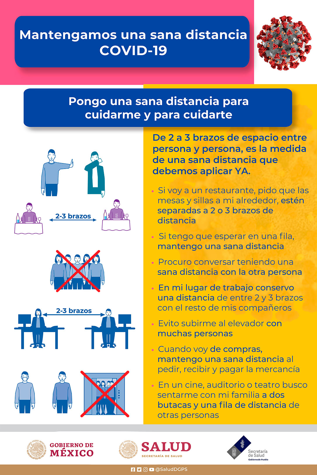 Mantengamos una sana distancia COVID-19.
Pongo una sana distancia para cuidarme y para cuidarte.
De 2 a 3 brazos de espacio entre persona y persona, es la medida de una sana distancia que debemos aplicar Ya.
Si voy a un restaurante, pido que las mesas y sillas a mi alrededor, estén separadas a 2 o 3 brazos de distancia.
Si tengo que esperar en una fila, mantengo una sana distancia.
Procuro conversar teniendo una sana distancia con otra persona.
En mi lugar de trabajo conservo una distancia de entre 2 y 3 brazos con el resto de mis compañeros.
Evito subirme al elevador con muchas personas.
Cuando voy de compras, mantengo una sana distancia al pedir, recibir y pagar la mercancia.
En un cine, auditorio o teatro busco sentarme con mi familia a dos butacas y una fila de distancia de otras personas.