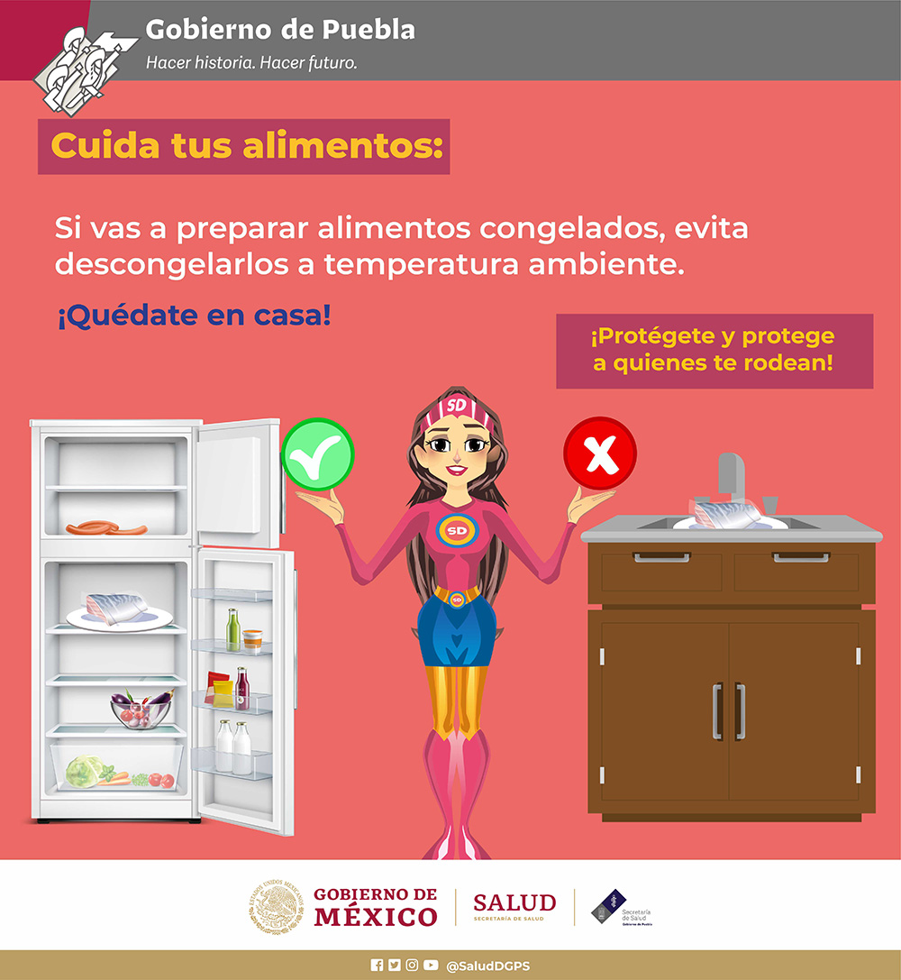 ¡Protégete y protege a quienes te rodean!
Cuida tus alimentos:
Si vas a preparar alimentos congelados, evita descongelarlos a temperatura ambiente.
¡Quédate en casa!